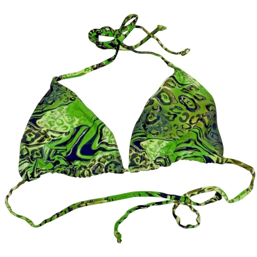 Leopard Animal Print Triangle String Bikini Top‎ Large Halter Green Sparkly Gold
